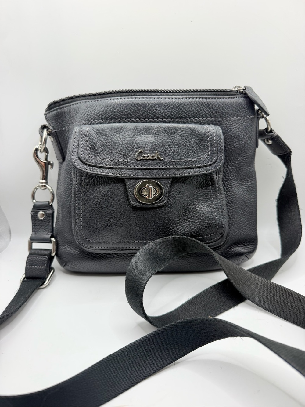 Coach Black Pebbled Leather Messenger Crossbody with Front Flap